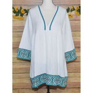 Cezele Tunic Top Shirt Ladies Size L White Gauzy Green Embroidered Floral Boho